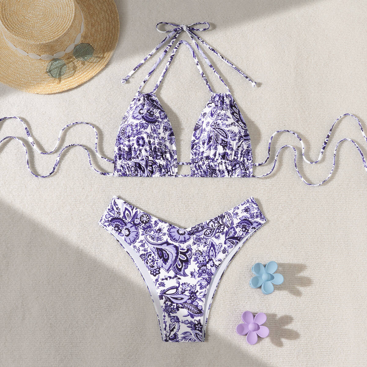 Solid Color Lace Up Adjustable Halter Top Sexy V Shaped Bottom Bikini Bella Mia